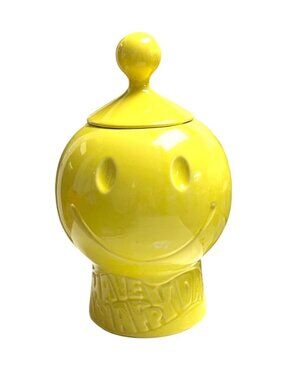 Vintage McCoy Happy Face Yellow Ceramic Cookie Jar 10" with Lid USA FLAWED